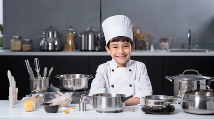 A Cooking, happy boy wearing chef's uniform. Little cook and kitchen equipment. Cooking concepts in the chef profession On empty space on white transparent background isolated