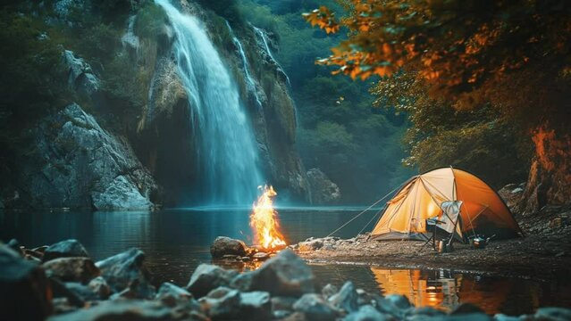 camping next to a waterfall and campfire