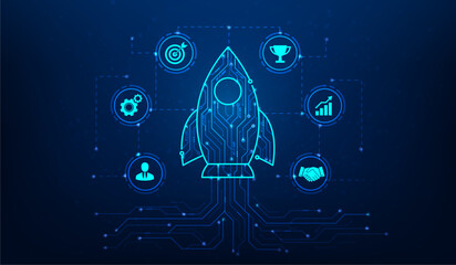 rocket launch business start up digital technology on blue background. new business growth success. leadership strategy achievement. vector illustration hi-tech line circuit design.