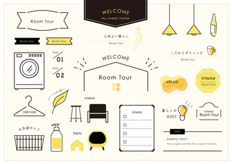 住宅インテリア用イラスト素材　見出しとフレームセット　黄色