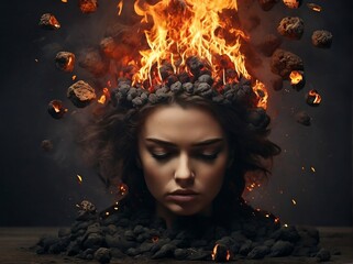 Depressed woman with a stressful mind with a burning head. AI generated art