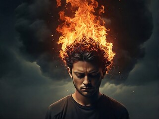 A depressed man with a stressful mind and with a burning head.