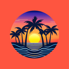 Flat design logo sunset and ocean. Generative AI