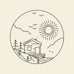 simple line art outdoor cottage logo with circle  vintage  icon symbol illustration design