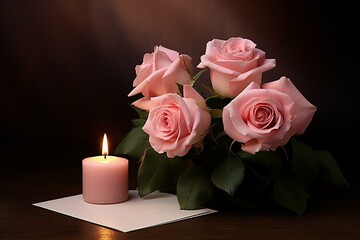 Fototapeta na wymiar Sympathy card: pink rose, candles, somber ambiance for remembrance. Generative AI