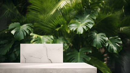 Minimal white podium with green leaves natural background for cosmetic products display, Empty natural platform