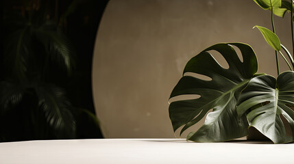 Minimal white podium with green leaves natural background for cosmetic products display, Empty natural platform