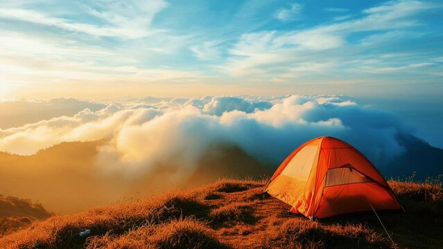 camping at the top of a mountain with a view of the clouds