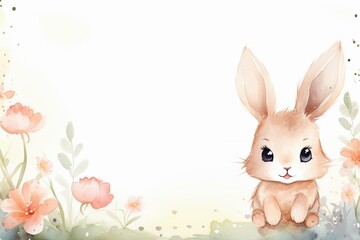 Watercolor border with adorable bunny. Generative AI