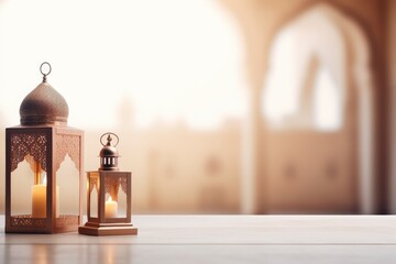 Ramadan Kareem and Eid Mubarak Background Copy Space Simple and Elegant Islamic Lanterns and Mosque - obrazy, fototapety, plakaty