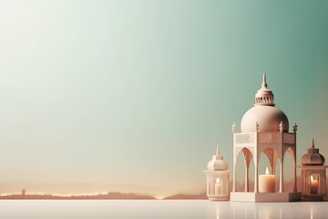 Ramadan Kareem and Eid Mubarak Background Copy Space Simple and Elegant Islamic Lanterns and Mosque