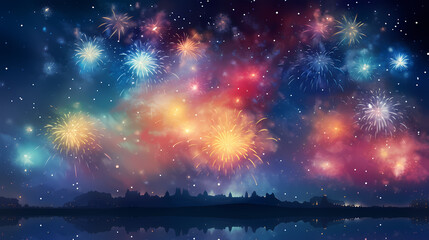 Naklejka premium Beautiful fireworks background at night for holiday decoration
