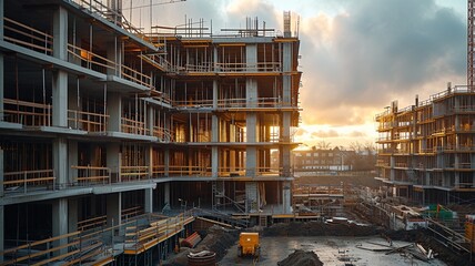 modern concrete and steel building construction site in morning,generative ai