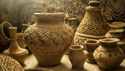 Fototapeta na wymiar pots.a scene reminiscent of an archaeological dig, showcasing the excavation and discovery of ancient pottery fragments. Emphasize the historical context and the importance of these findings in unders