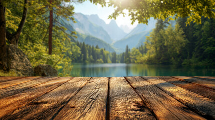 Wooden pier with natural lake and high mountain at background. - obrazy, fototapety, plakaty
