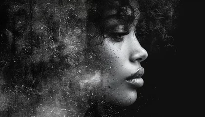 Foto auf Acrylglas A monochrome young woman's profile portrait combined with abstract grainy digital art against black background,generative ai © LomaPari2021