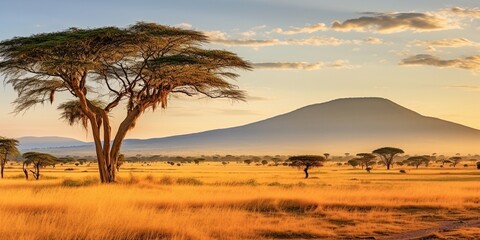 A panoramic image of the savannah bathed in golden sunlight with misty mountains in the background