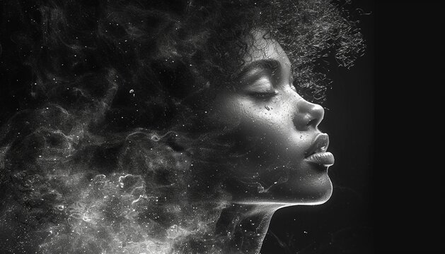 A monochrome young woman's profile portrait combined with abstract grainy digital art against black background,generative ai