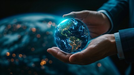 hand of Businessman touching virtual Earth globe,generative ai - obrazy, fototapety, plakaty