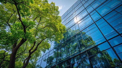 Eco-friendly building in the modern city. Sustainable glass office building with tree for reducing carbon dioxide. Office building with green environment. Corporate building reduce CO2,generative ai