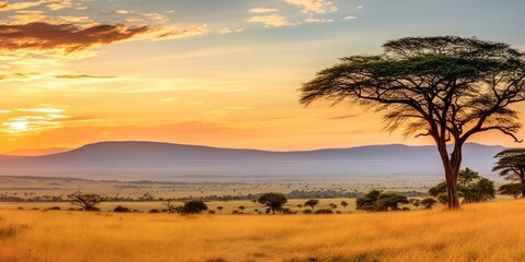 A wide savannah scene in the golden hour with mountains in the background