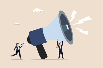 Marketing communication, announce promotion, speech or announcement concept, businessman shouting on megaphone for important announcement.