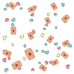 Background of colorful hearts and letters. Romantic design for Valentine's day, mother's day, wedding celebration, greeting card, paper crafts, home decor. カラフルなハートと文字の背景。