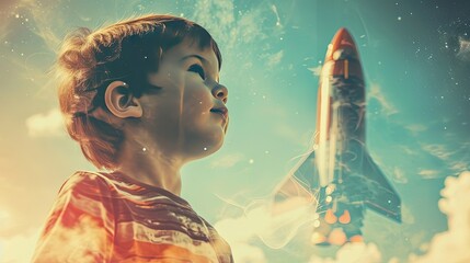 Double Exposure of Boy Dreaming Ride Spaceship