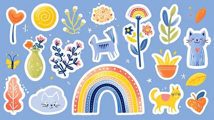 Stickers Set with Rainbow Plant and Others