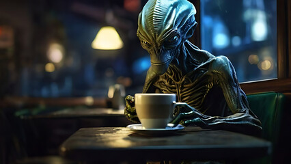 Alien drinking coffee in a diner at night ai generated image - obrazy, fototapety, plakaty