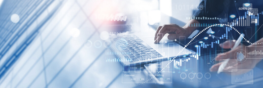 Businessman using digital tablet analyzing sales data and financial growth graph chart report. Business planning, strategy and development. Financial and banking. market research, business analysis