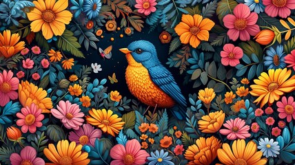 Obraz premium Spring hand drawn cartoon doodles illustration, leaves, birds, and spring symbols and decorative elements with Colorful flowers