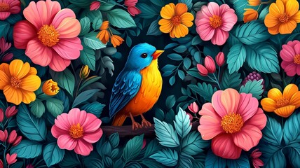 Obraz premium Spring hand drawn cartoon doodles illustration, leaves, birds, and spring symbols and decorative elements with Colorful flowers