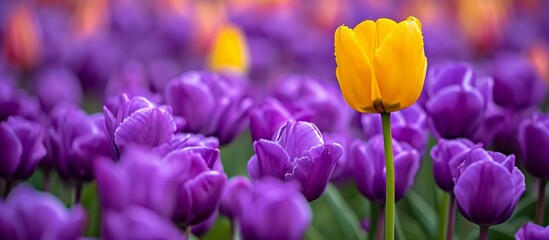 Single Yellow Tulip Standing Out in a Field of Purple Tulips - obrazy, fototapety, plakaty