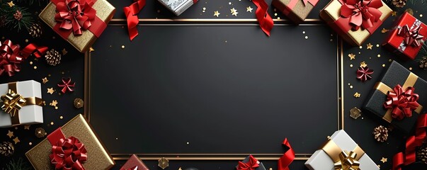 golden frame on black background at the center for copy space, no text, around with realistic 3D object of white and red presents boxes and ribbons and golden bow at the corner, generative ai