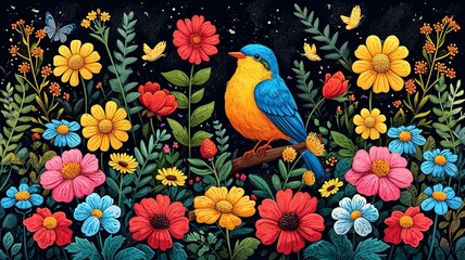 Obraz premium Spring hand drawn cartoon doodles illustration, leaves, birds, and spring symbols and decorative elements with Colorful flowers