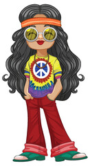 Colorful hippie character in retro outfit and accessories.