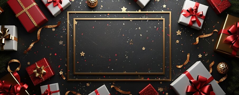 Golden Frame On Black Background At The Center For Copy Space, No Text, Around With Realistic 3D Object Of White And Red Presents Boxes And Ribbons And Golden Bow At The Corner, Generative Ai