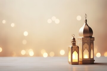 Simple Eid Mubarak and Ramadan Kareem Greetings Background with Copy Space, Islamic Lanterns, and Mosque