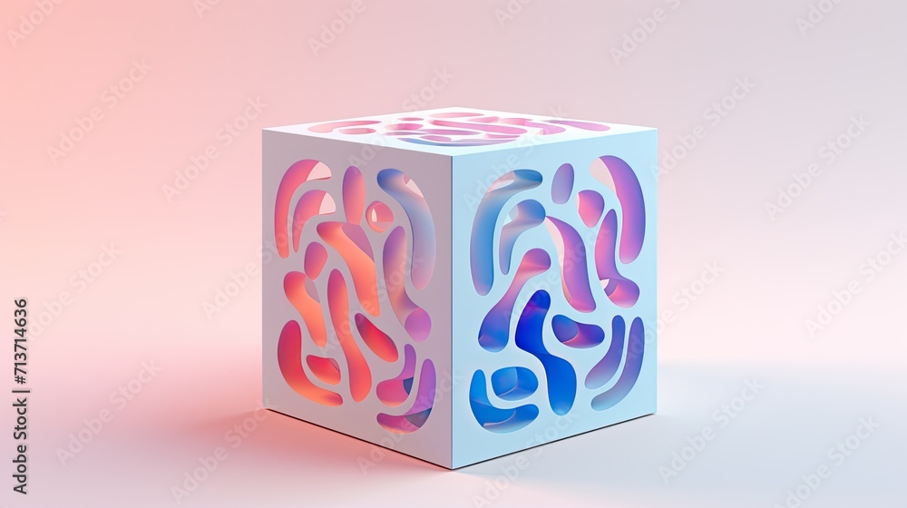 Poster a cube with a circular pattern in shades of pink and blue