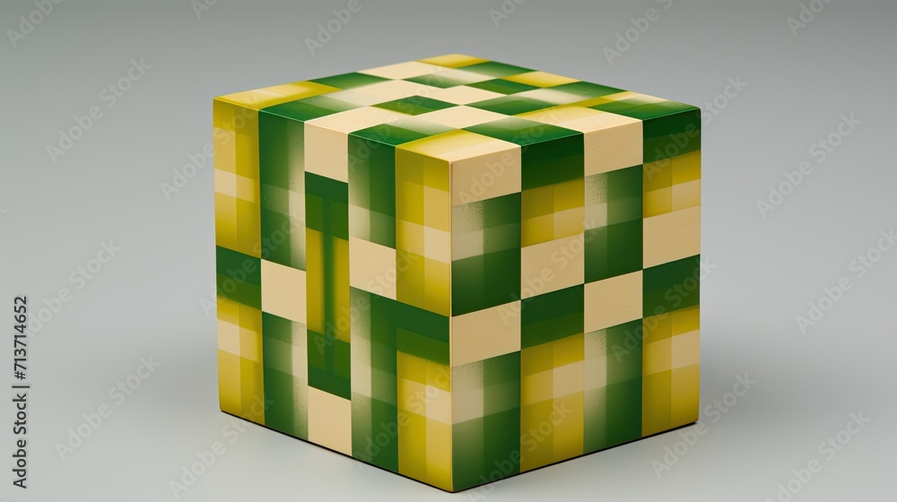 Poster a cube with a square pattern in shades of green and yellow