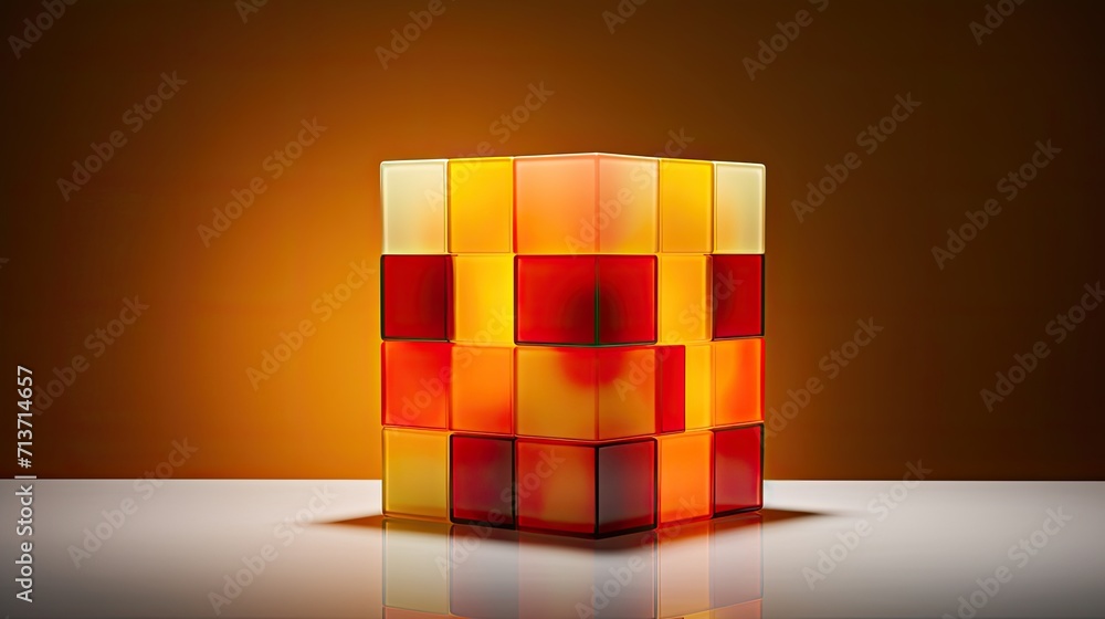 Poster a cube with a square pattern in shades of yellow and orange