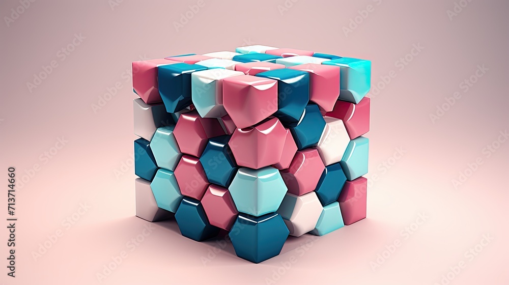 Poster a cube with a hexagonal pattern in shades of pink and blue