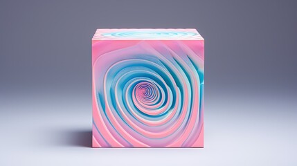 A cube with a circular pattern in shades of pink and blue