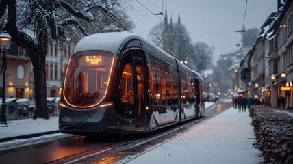 A bus drives autonomously through the city, generative ai