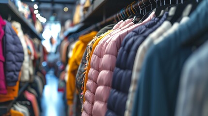Fototapeta na wymiar Colorful Winter Coats on Hangers in Clothing Store