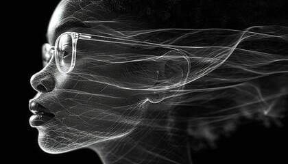 A monochrome young woman's profile portrait combined with abstract grainy digital art against black background,generative ai