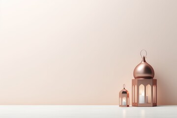 Simple Eid Mubarak and Ramadan Kareem Greetings Background with Copy Space, Islamic Lanterns, and Mosque