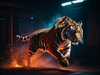 Jumping Tiger in fire lights  in the night