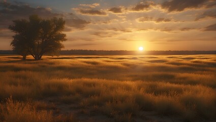 Fototapeta na wymiar Golden sunset over serene grassland
